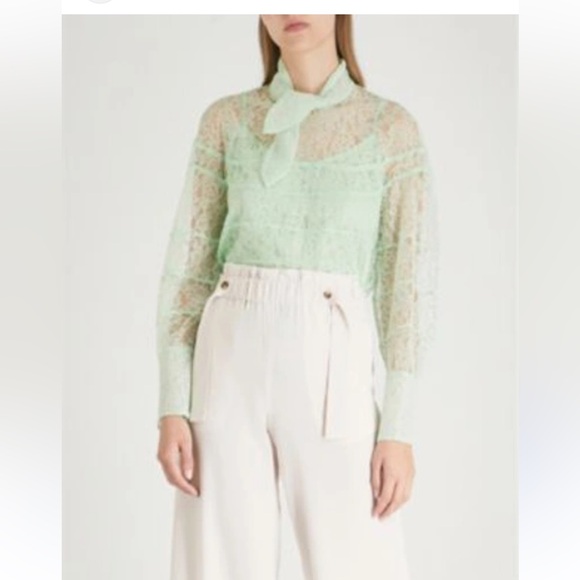 Sandro Green Tie Front Boxy Blouse with Bib Collar - Picture 1 of 9